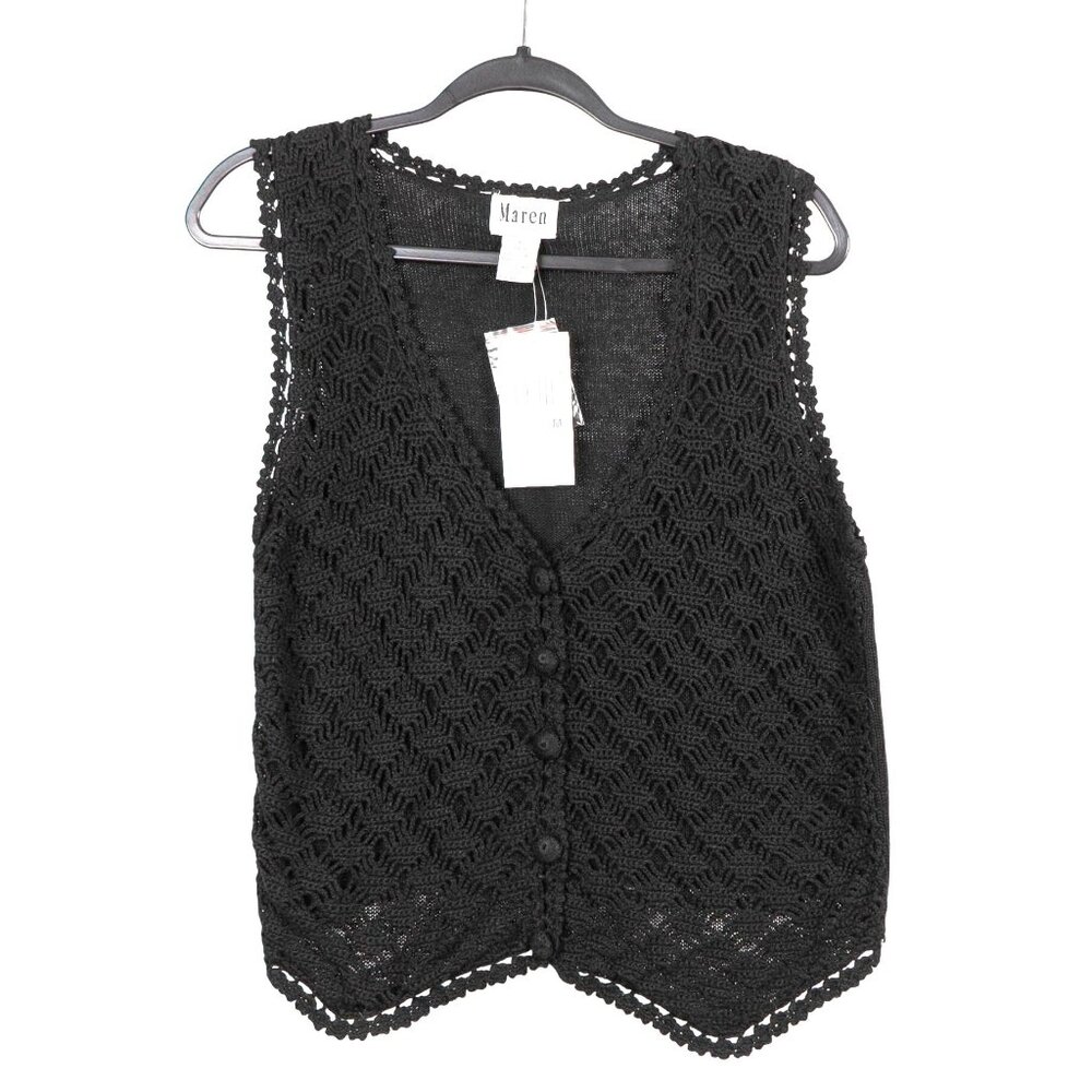 Maren VTG Crochet Vest M Women Black Sweater Buttons Whimsigoth Fairy Grammacore - Picture 1 of 5